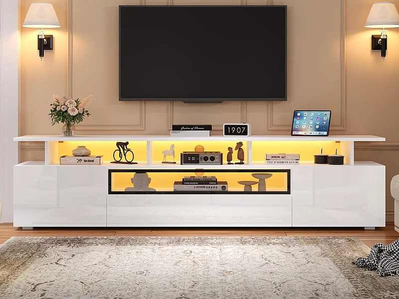 TV-Möbel 180x38x45cm - 1 Schublade und 2 Türen - mit LED - Hochglanzfinish - Weiß