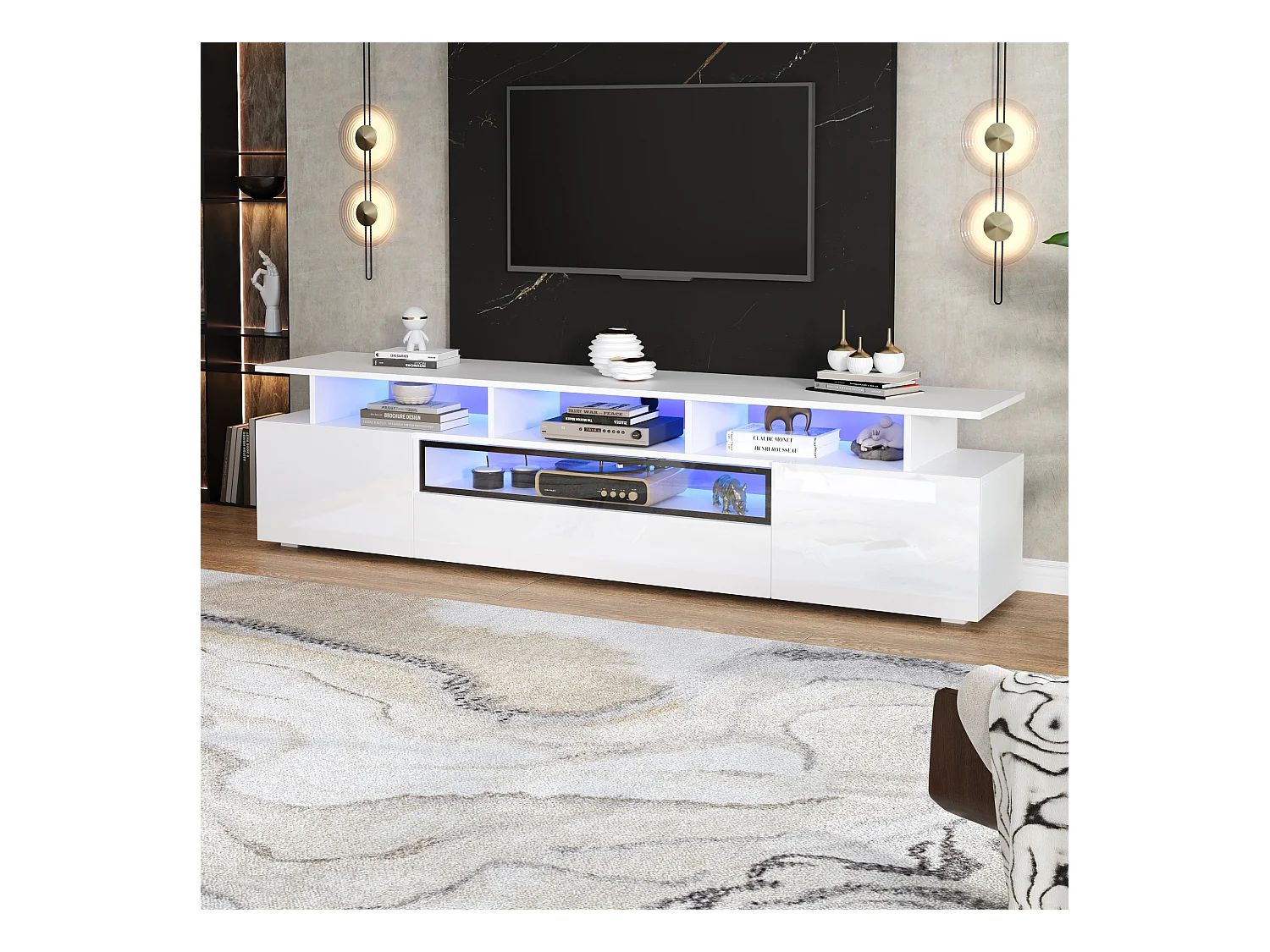 Móvel para TV 180x38x45cm - 1 gaveta e 2 portas - com LED - acabamento brilhante - Branco