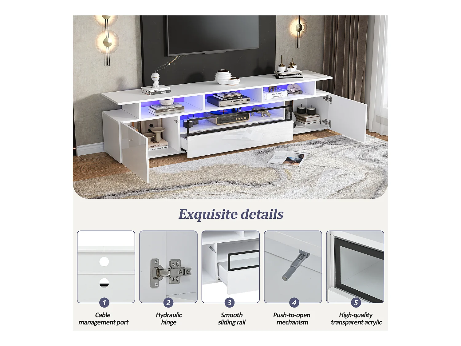 Móvel para TV 180x38x45cm - 1 gaveta e 2 portas - com LED - acabamento brilhante - Branco