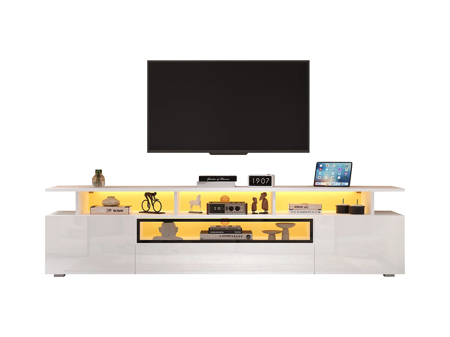 Móvel para TV 180x38x45cm - 1 gaveta e 2 portas - com LED - acabamento brilhante - Branco