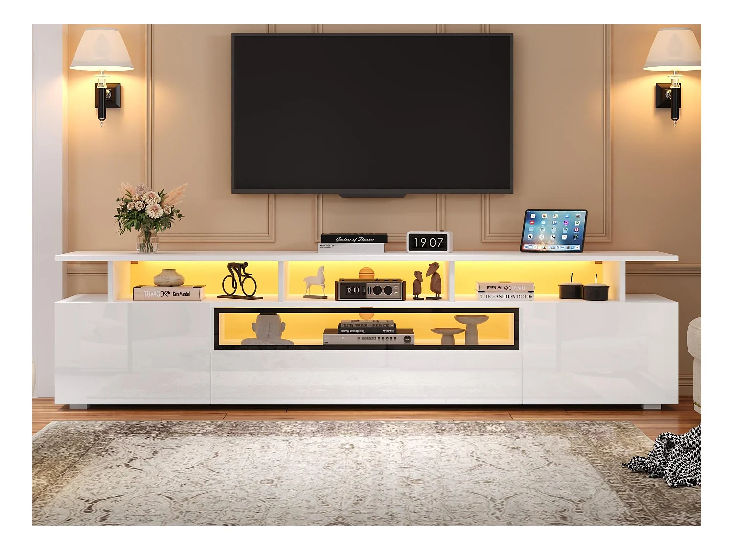 Meuble TV 180x38x45cm - 1 tiroir et 2 portes - avec LED - finition brillante - Blanc
