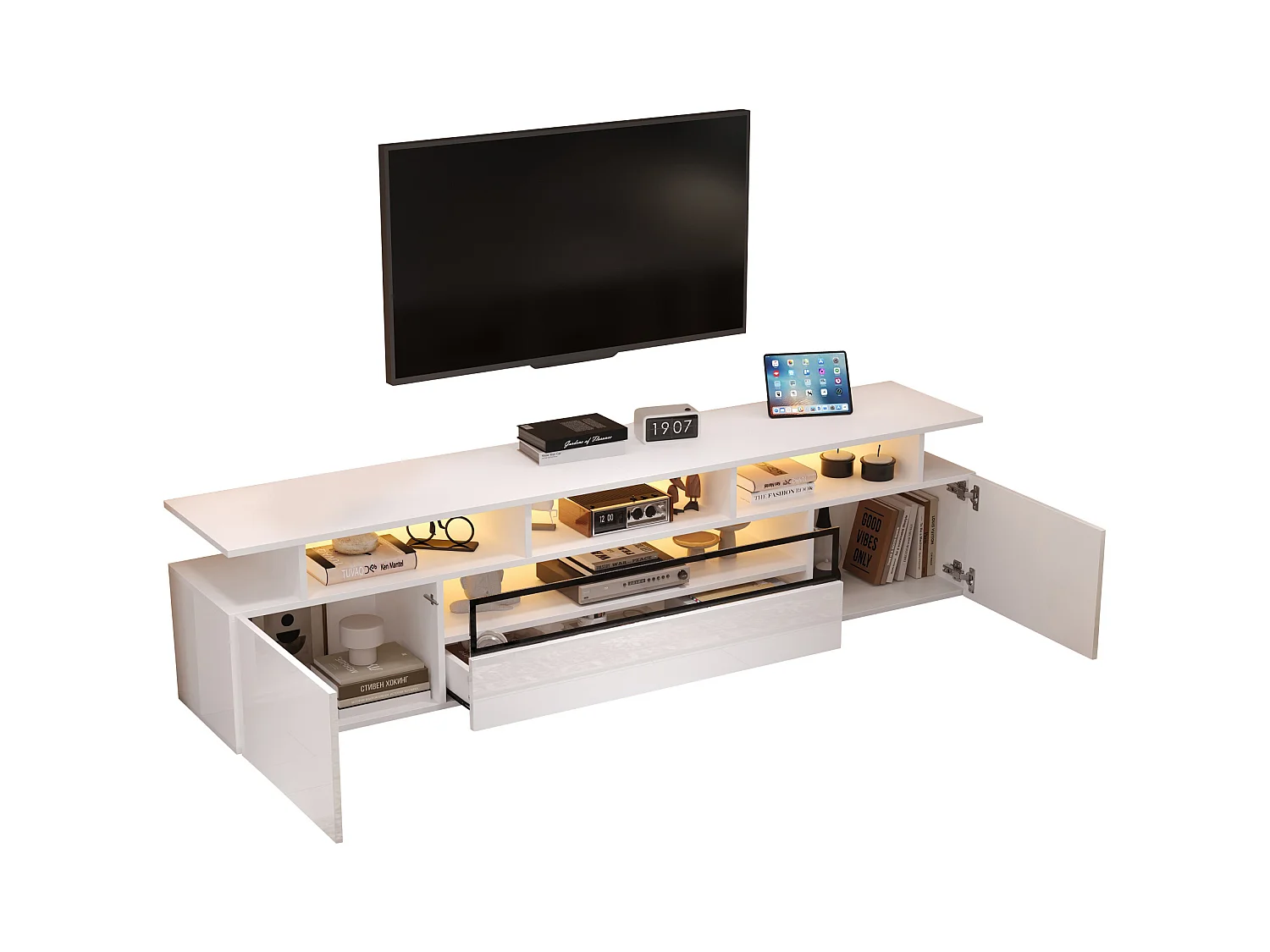 TV-meubel 180x38x45cm - 1 lade en 2 deuren - met LED - glanzende afwerking - Wit