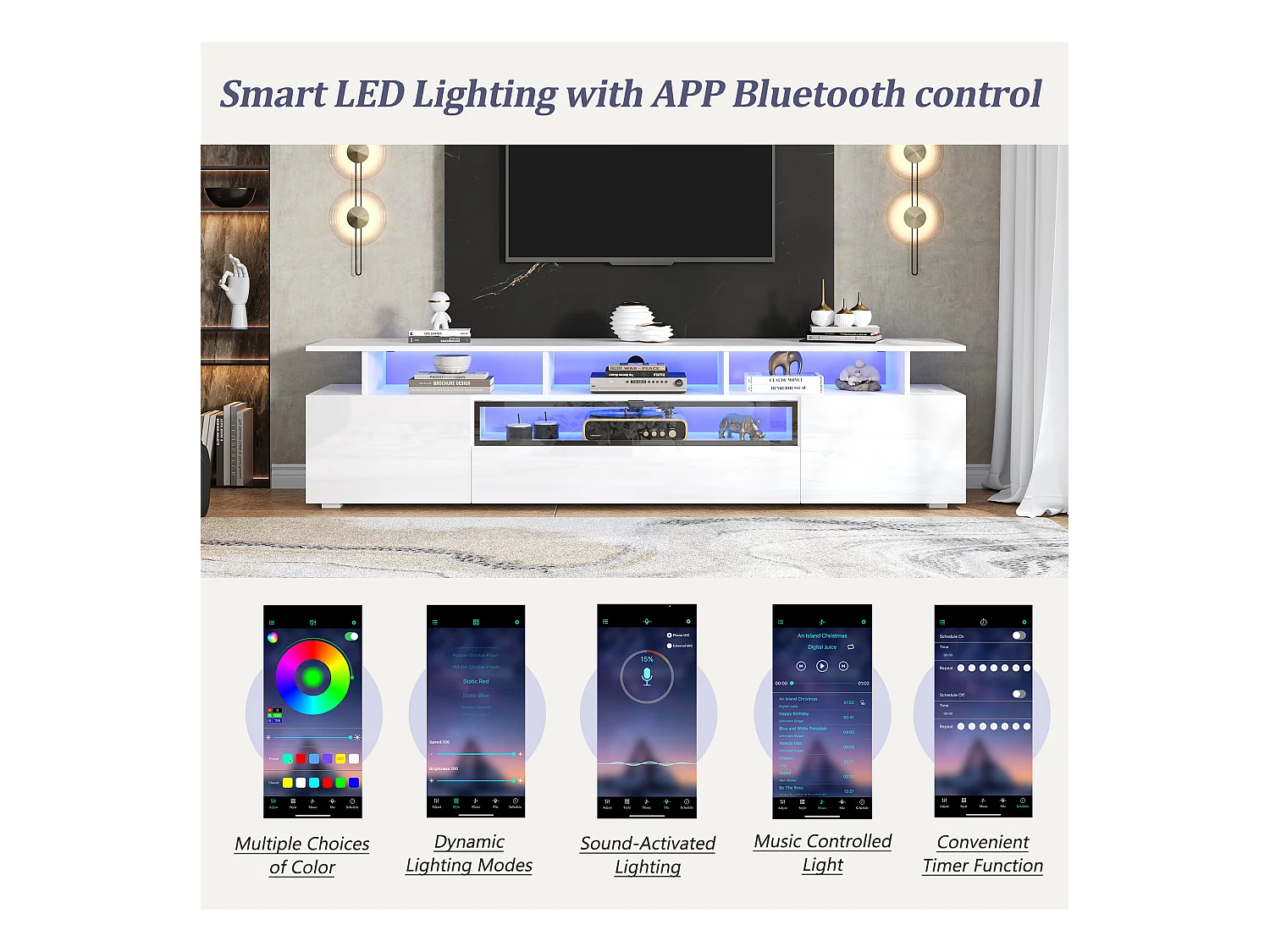 TV-meubel 180x38x45cm - 1 lade en 2 deuren - met LED - glanzende afwerking - Wit