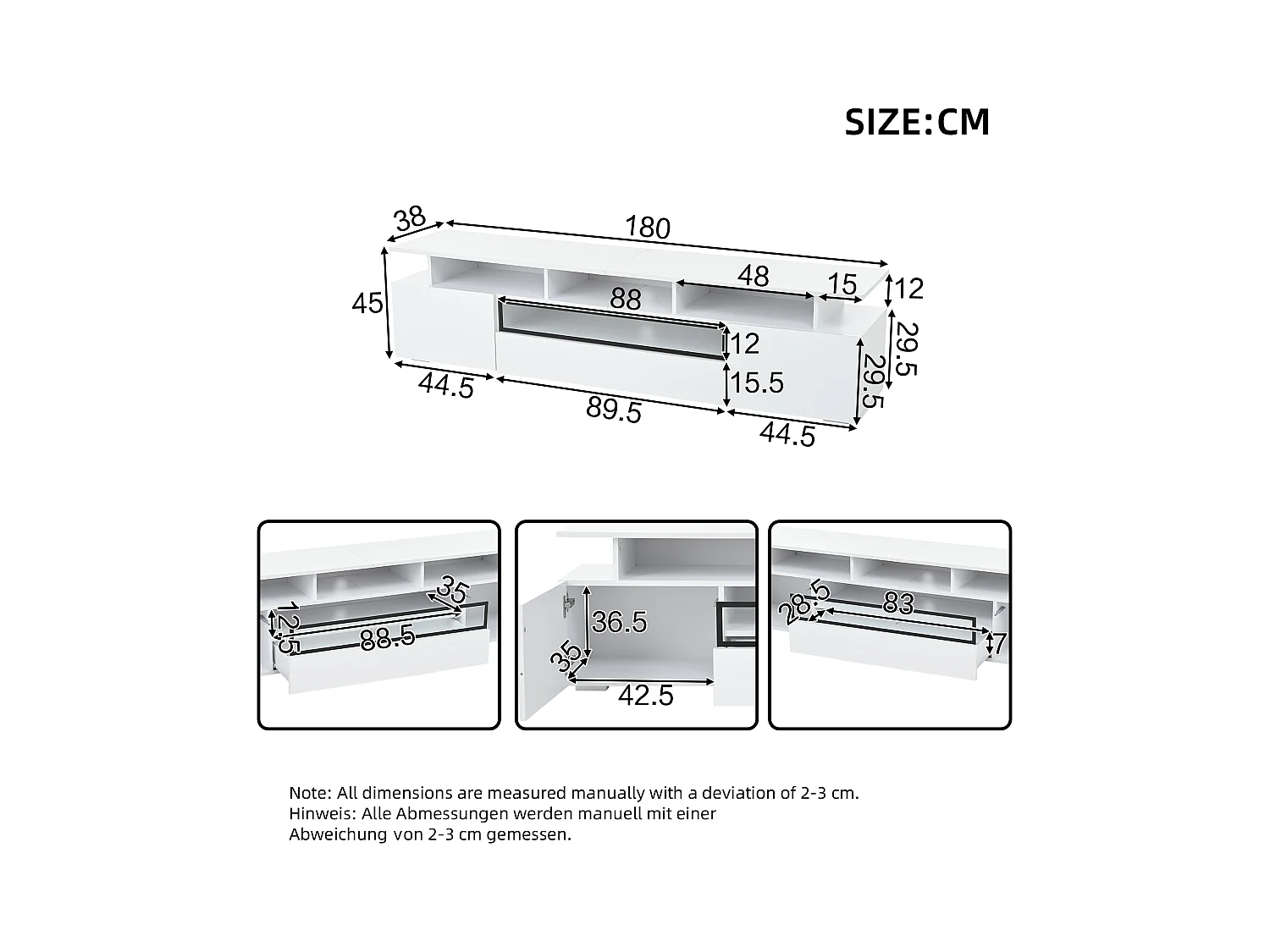 TV-meubel 180x38x45cm - 1 lade en 2 deuren - met LED - glanzende afwerking - Wit
