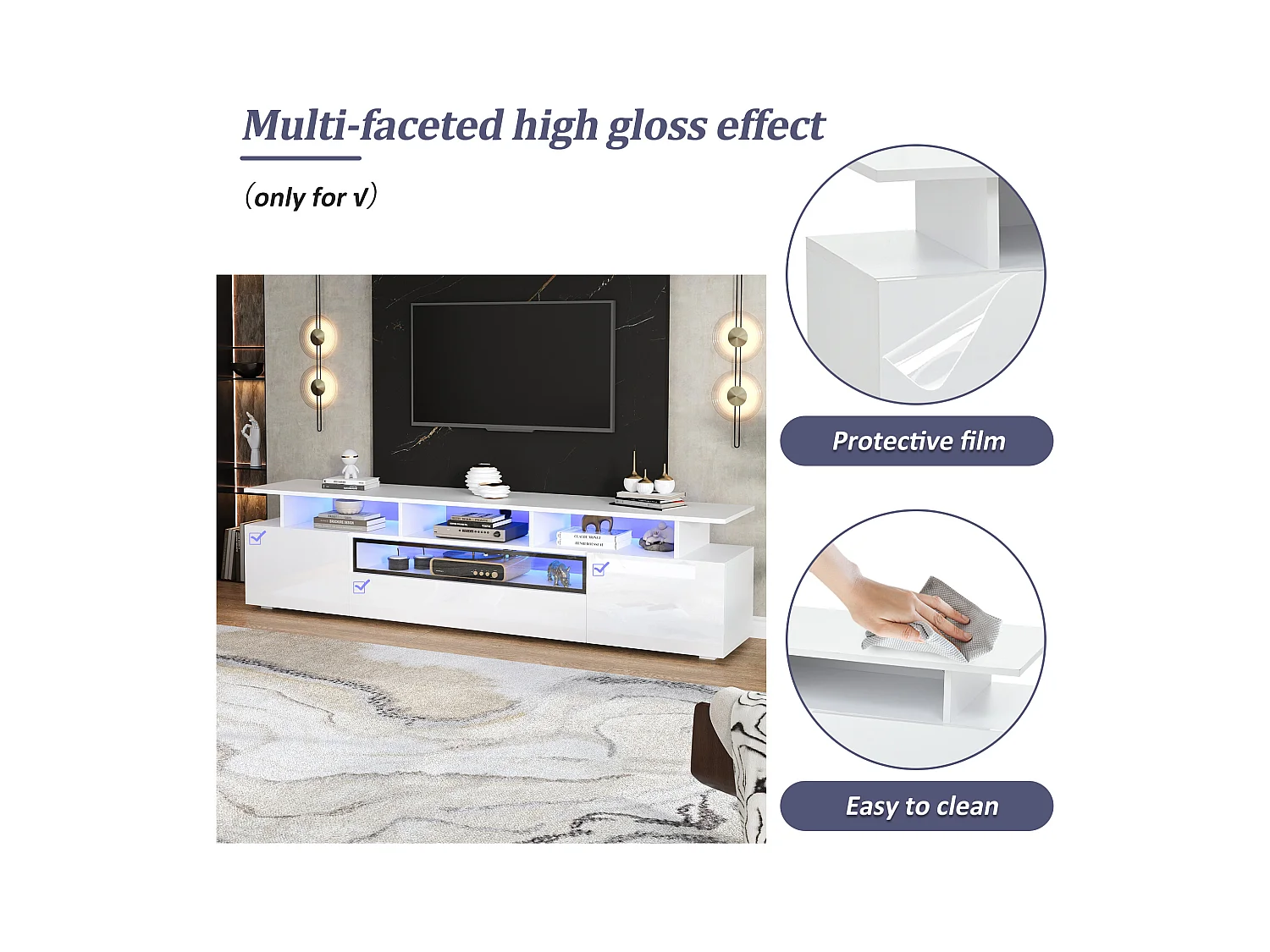 TV-meubel 180x38x45cm - 1 lade en 2 deuren - met LED - glanzende afwerking - Wit