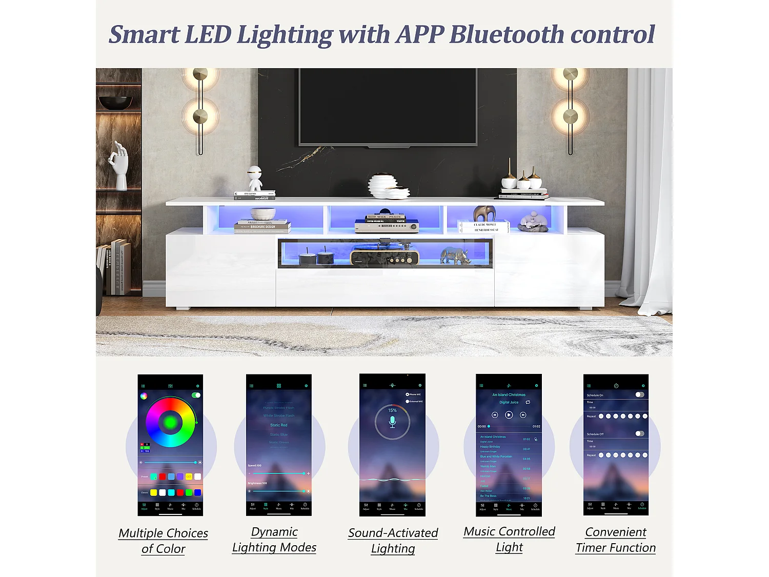 TV-meubel 180x38x45cm - 1 lade en 2 deuren - met LED - glanzende afwerking - Wit