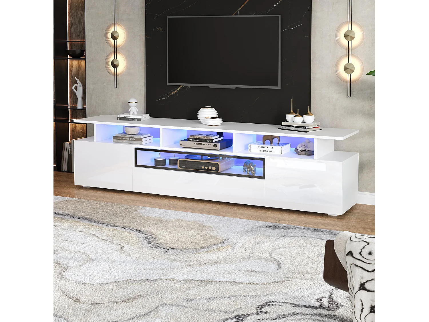 TV-meubel 180x38x45cm - 1 lade en 2 deuren - met LED - glanzende afwerking - Wit