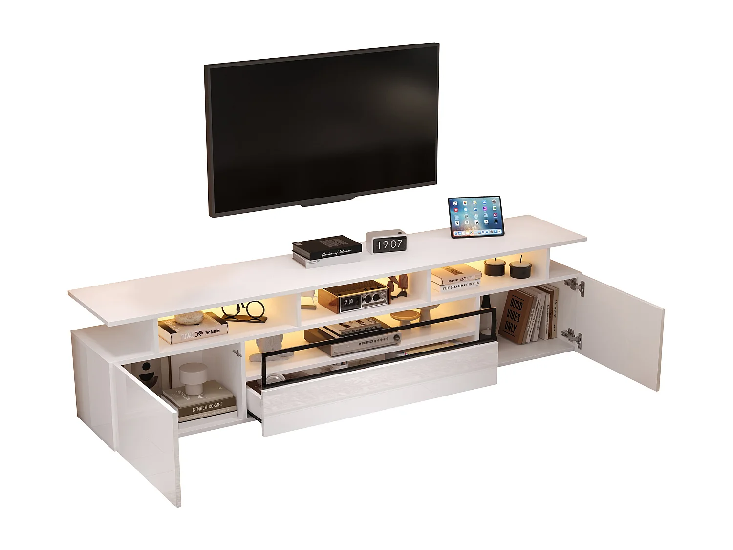 TV-meubel 180x38x45cm - 1 lade en 2 deuren - met LED - glanzende afwerking - Wit