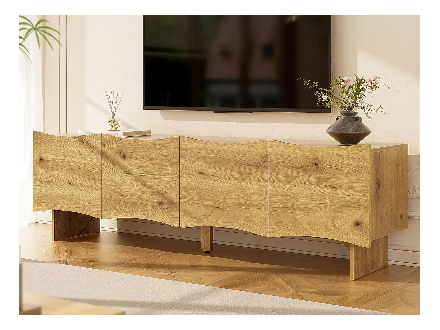 Meuble TV 155x36x47 cm - 4 portes - aspect bois - Panneaux de particules - Naturel