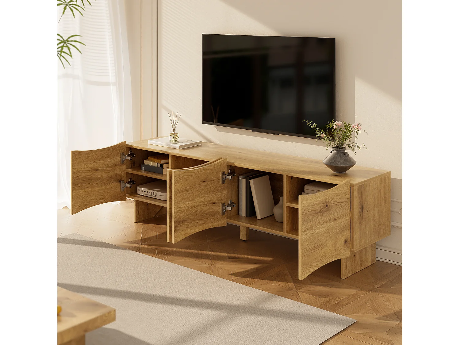 Meble TV 155x36x47 cm - 4 drzwi - wygląd drewna - Płyty wiórowe - Naturalny