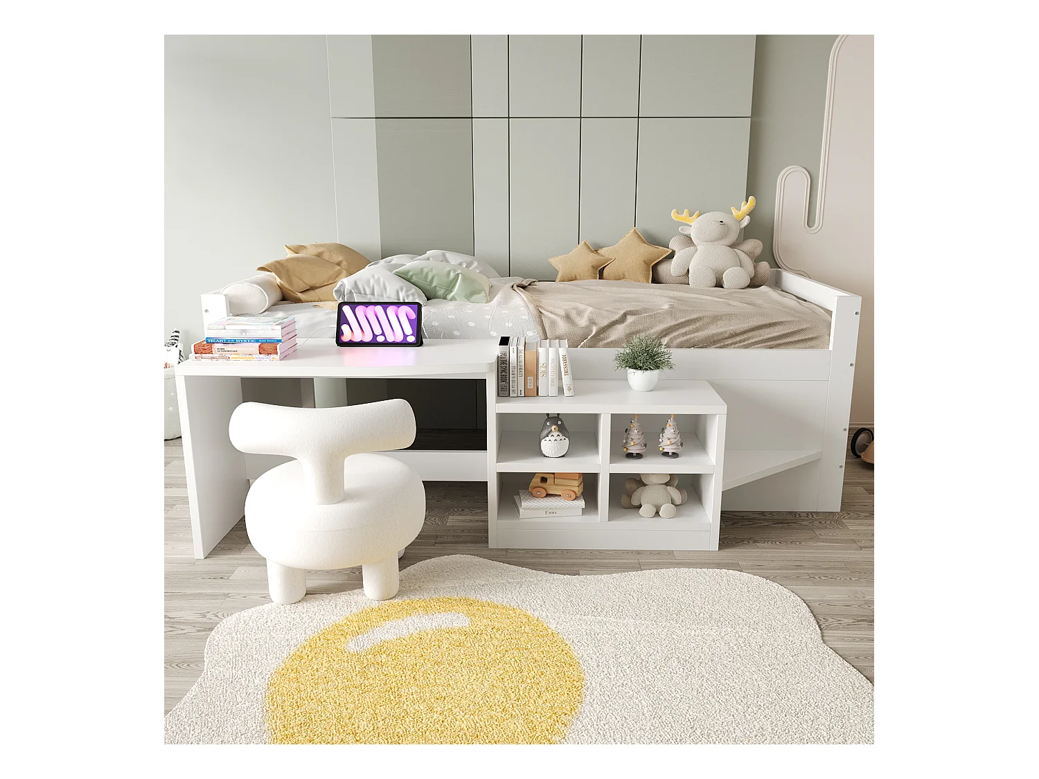 Kinderbed 90x200 cm - met opbergruimte - bureau met stopcontacten - wit (matras niet inbegrepen)