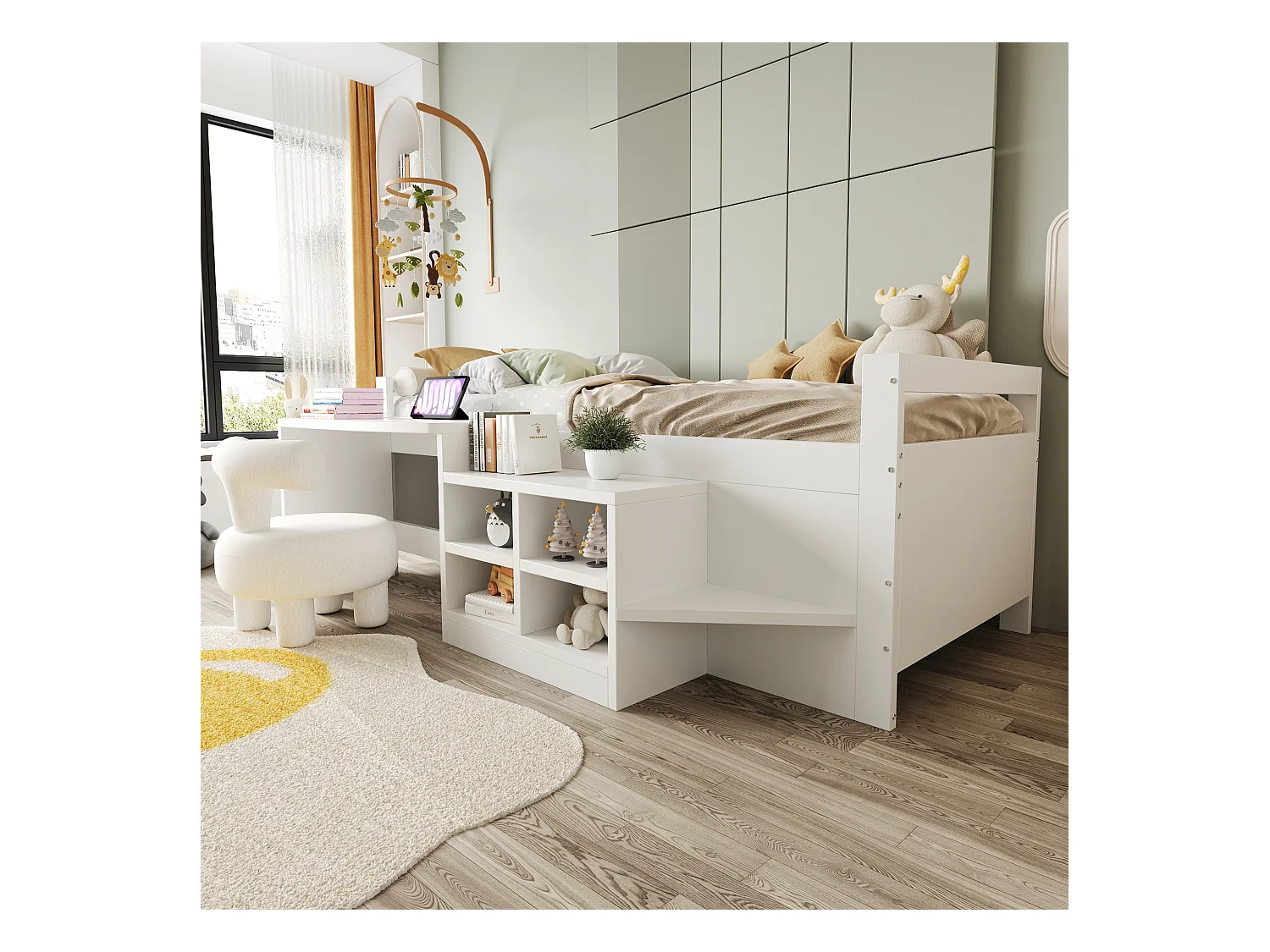 Kinderbed 90x200 cm - met opbergruimte - bureau met stopcontacten - wit (matras niet inbegrepen)