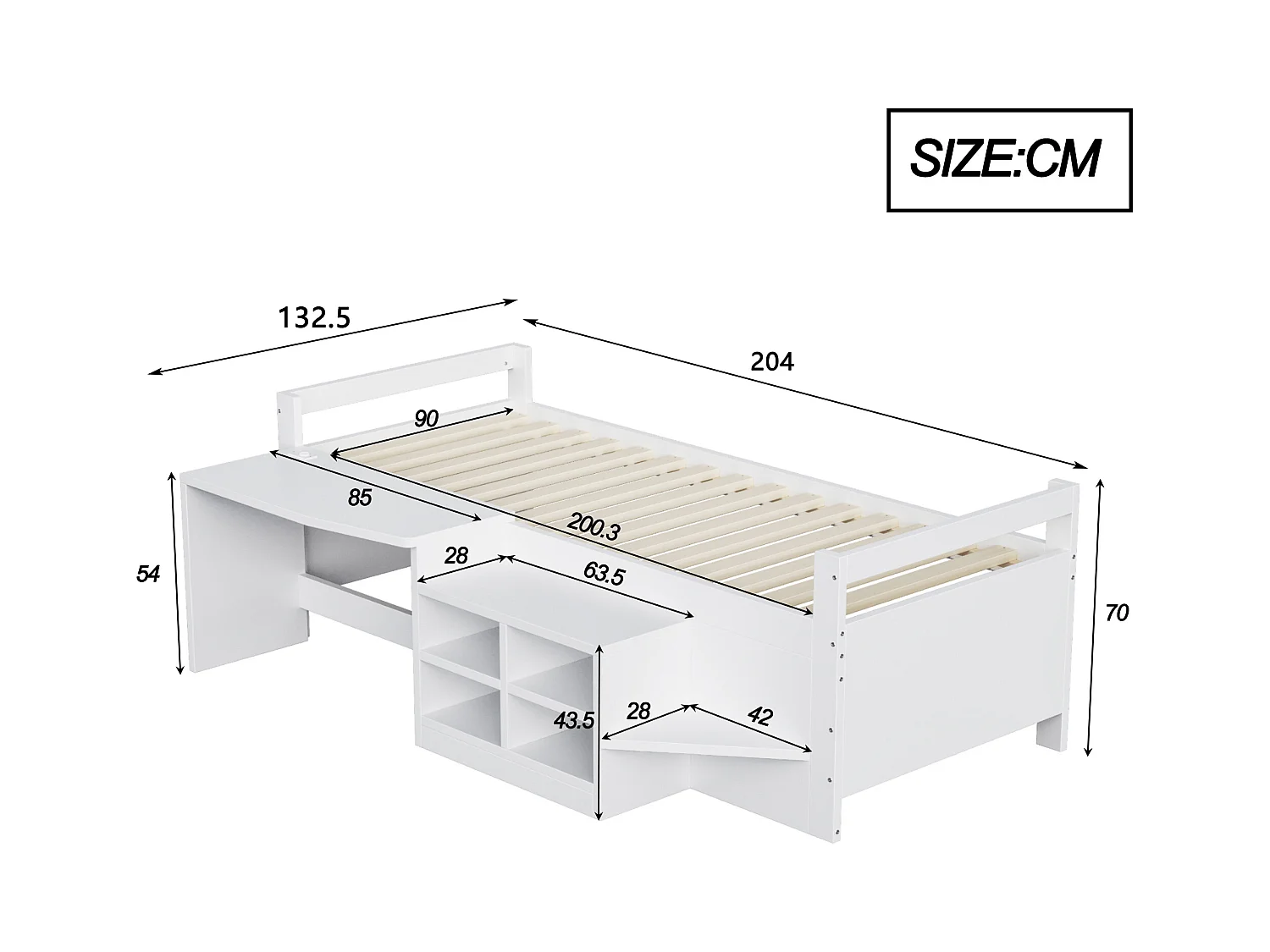 Kinderbed 90x200 cm - met opbergruimte - bureau met stopcontacten - wit (matras niet inbegrepen)
