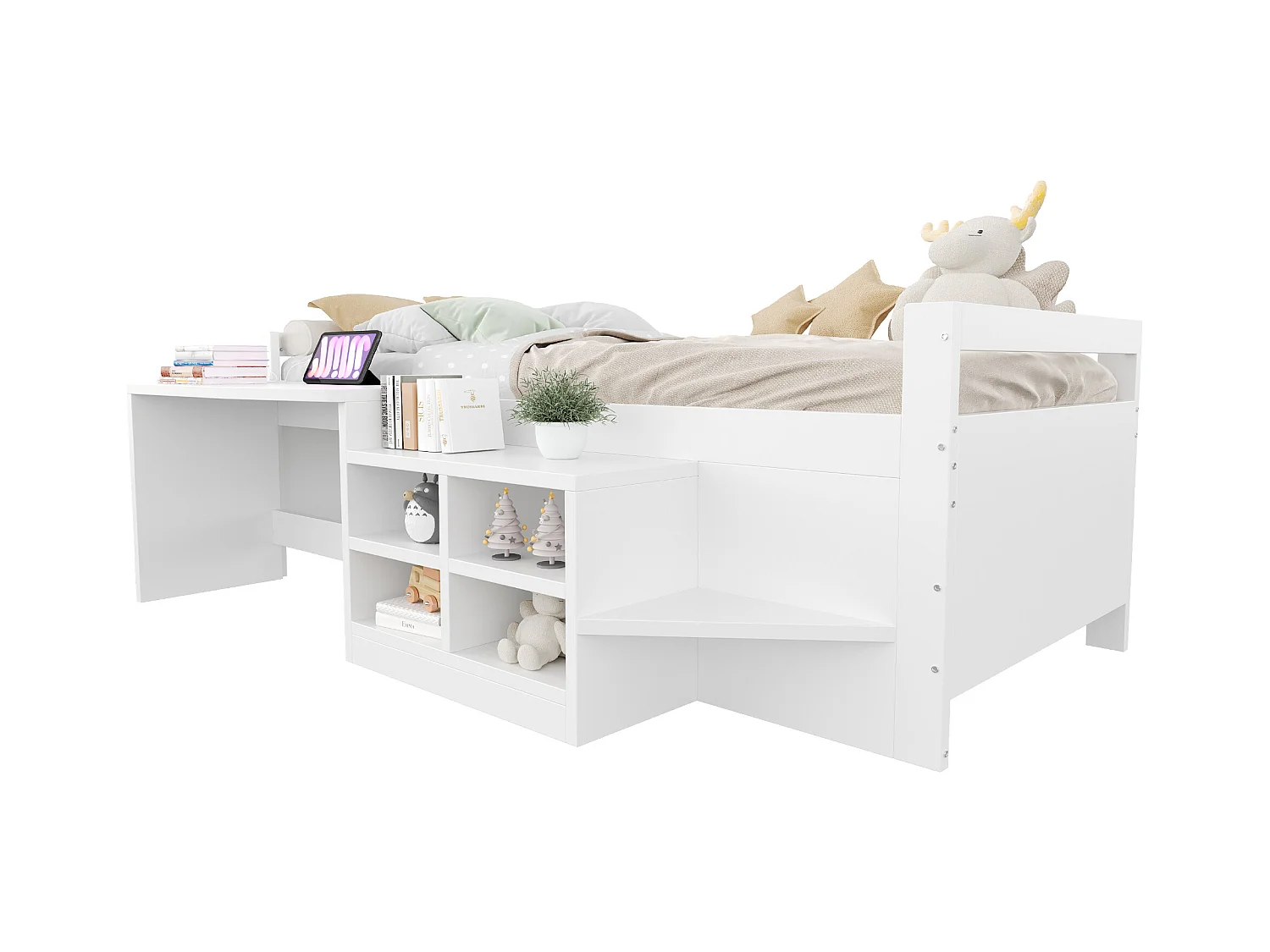Kinderbed 90x200 cm - met opbergruimte - bureau met stopcontacten - wit (matras niet inbegrepen)