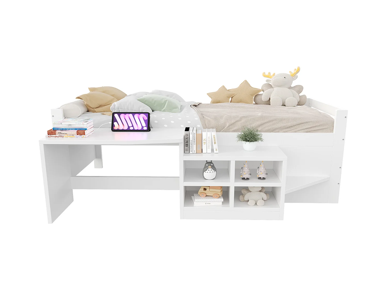 Kinderbed 90x200 cm - met opbergruimte - bureau met stopcontacten - wit (matras niet inbegrepen)