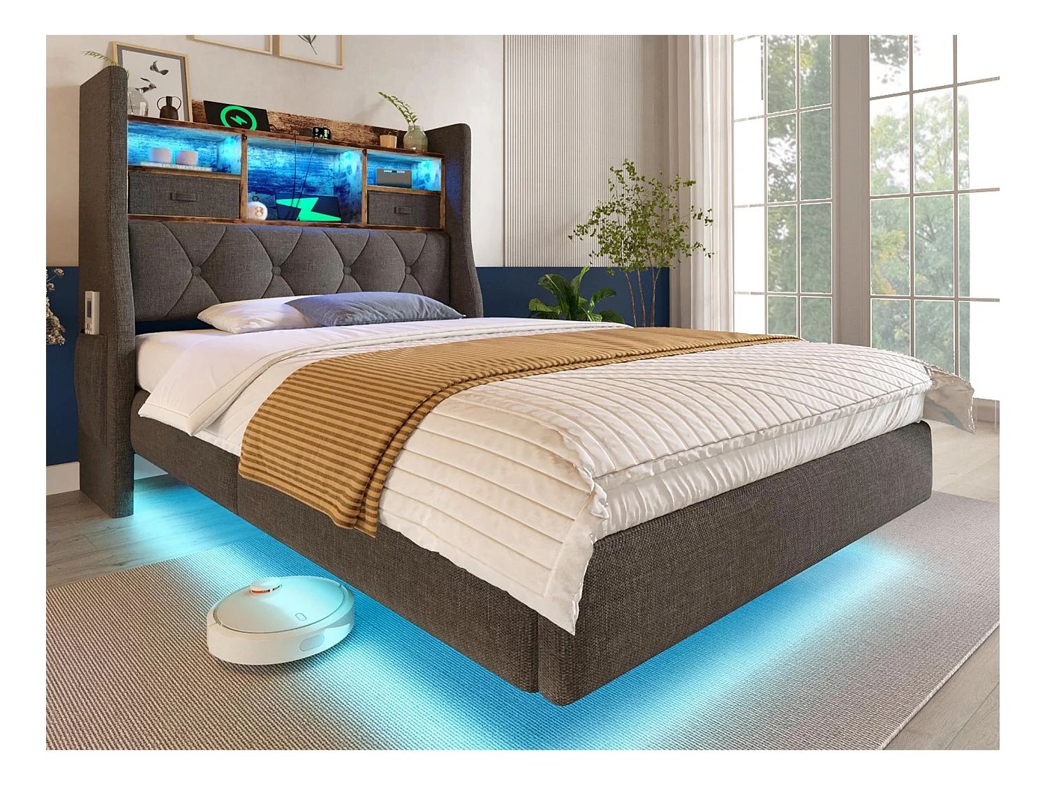 Gepolstertes Erwachsenenbett 90x200cm - mit LED-Beleuchtung - mit 1 Type-C-Anschluss und 3 USB-Anschlüssen - Kopfteil mit Staufach - Leinen - Grau