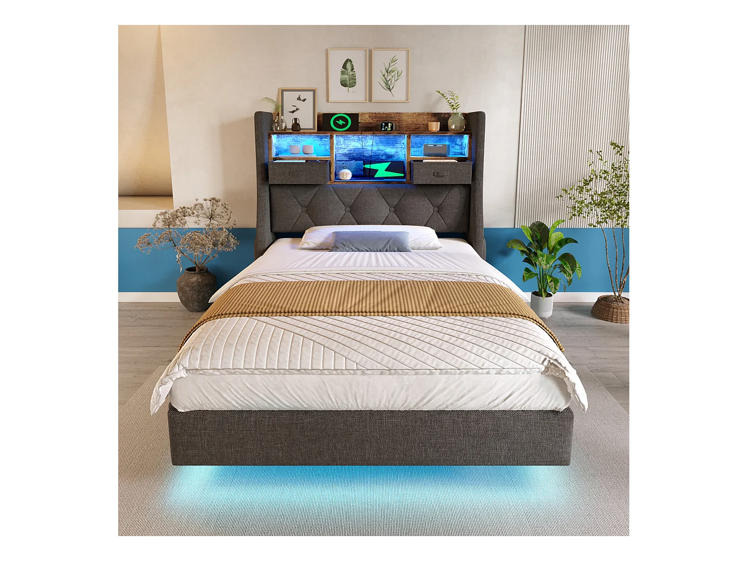 Gepolstertes Erwachsenenbett 90x200cm - mit LED-Beleuchtung - mit 1 Type-C-Anschluss und 3 USB-Anschlüssen - Kopfteil mit Staufach - Leinen - Grau