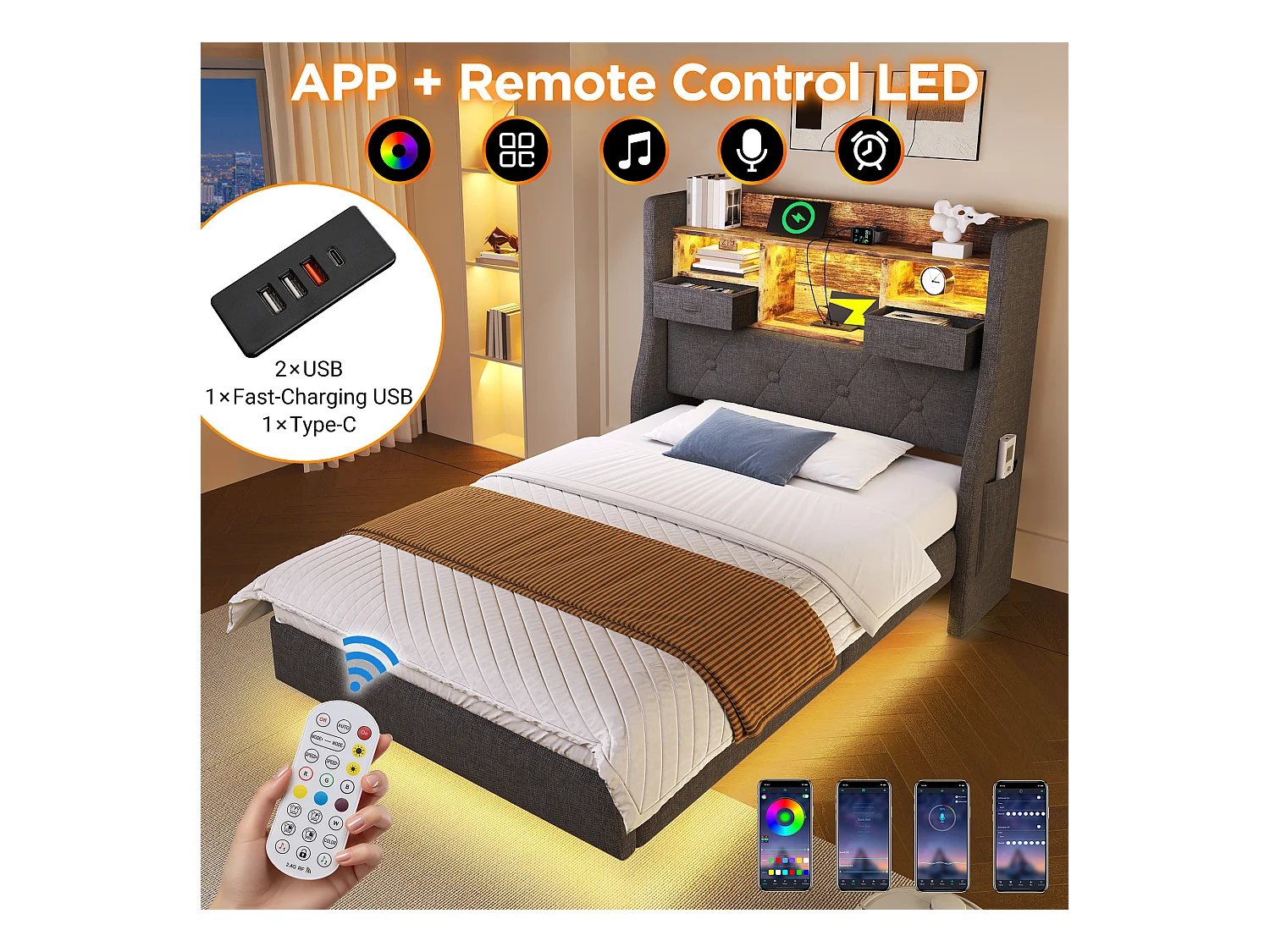 Gepolstertes Erwachsenenbett 90x200cm - mit LED-Beleuchtung - mit 1 Type-C-Anschluss und 3 USB-Anschlüssen - Kopfteil mit Staufach - Leinen - Grau