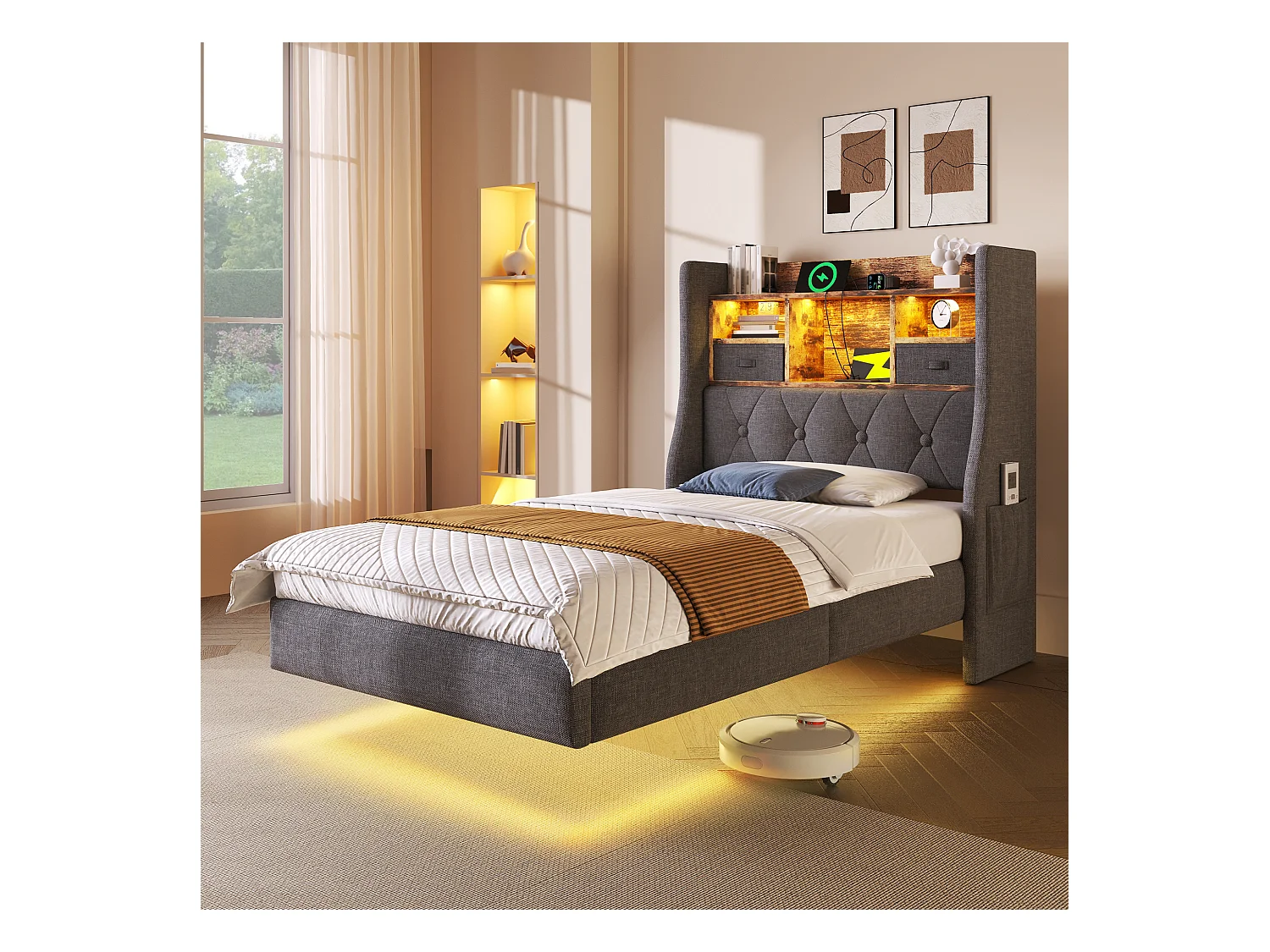 Gepolstertes Erwachsenenbett 90x200cm - mit LED-Beleuchtung - mit 1 Type-C-Anschluss und 3 USB-Anschlüssen - Kopfteil mit Staufach - Leinen - Grau