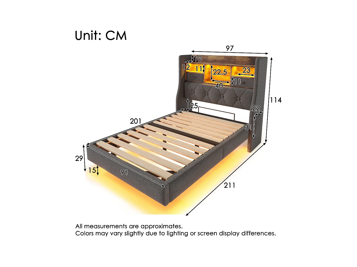 Gepolstertes Erwachsenenbett 90x200cm - mit LED-Beleuchtung - mit 1 Type-C-Anschluss und 3 USB-Anschlüssen - Kopfteil mit Staufach - Leinen - Grau