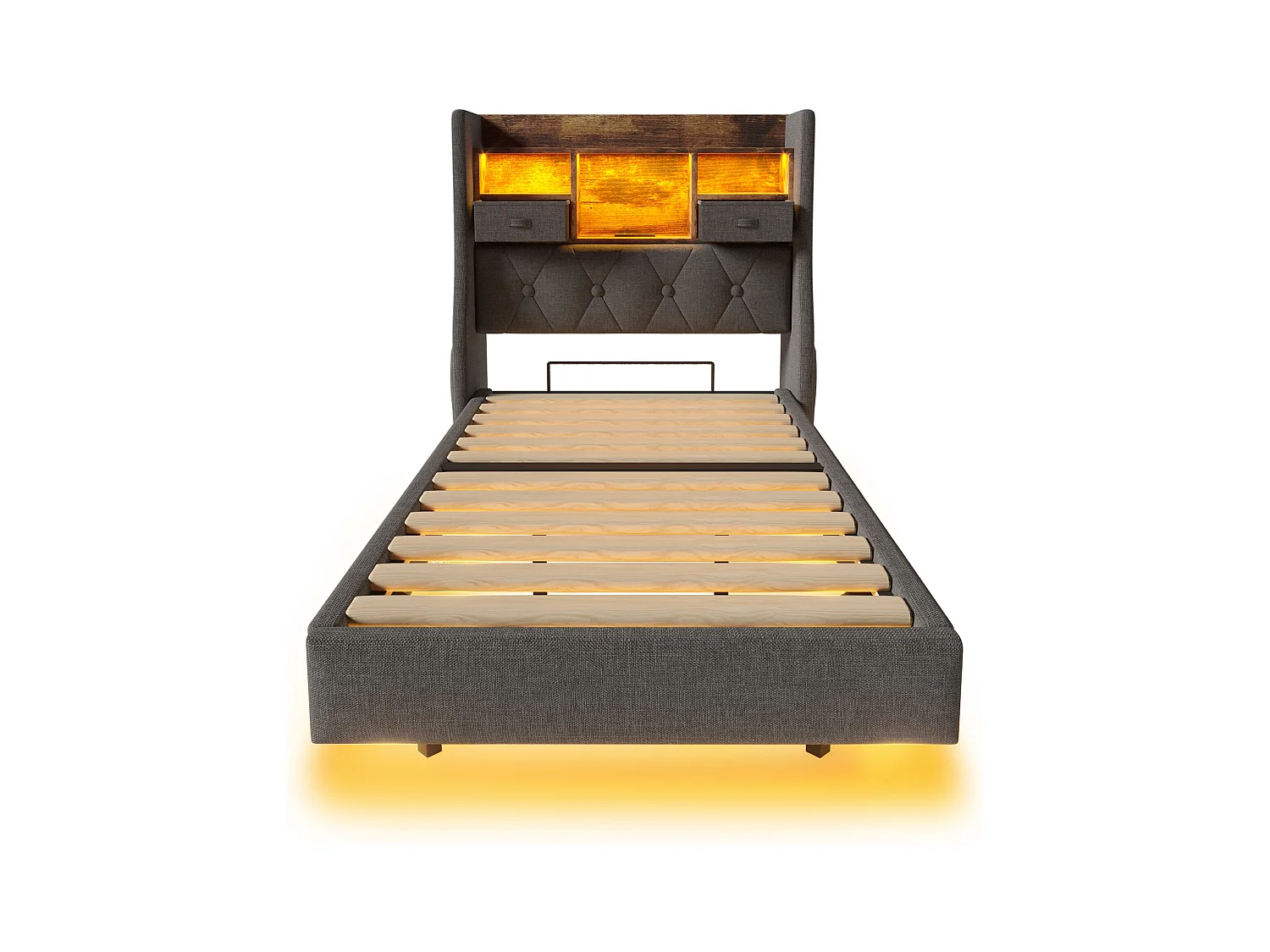 Gepolstertes Erwachsenenbett 90x200cm - mit LED-Beleuchtung - mit 1 Type-C-Anschluss und 3 USB-Anschlüssen - Kopfteil mit Staufach - Leinen - Grau