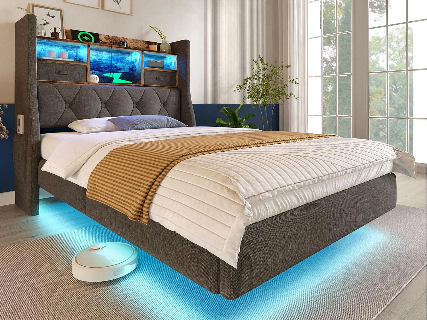 Gepolstertes Erwachsenenbett 90x200cm - mit LED-Beleuchtung - mit 1 Type-C-Anschluss und 3 USB-Anschlüssen - Kopfteil mit Staufach - Leinen - Grau