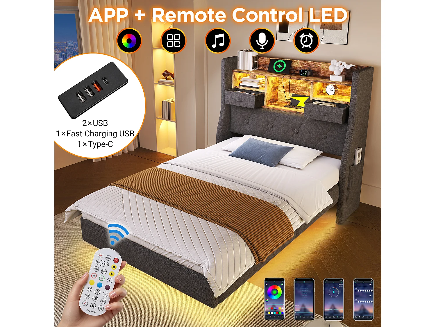 Gepolstertes Erwachsenenbett 90x200cm - mit LED-Beleuchtung - mit 1 Type-C-Anschluss und 3 USB-Anschlüssen - Kopfteil mit Staufach - Leinen - Grau