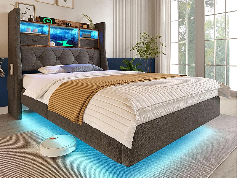 Lit adulte rembourré 90x200cm - avec éclairage LED - avec 1 port Type-C et 3 ports USB - tête de lit avec rangement - lin - Gris