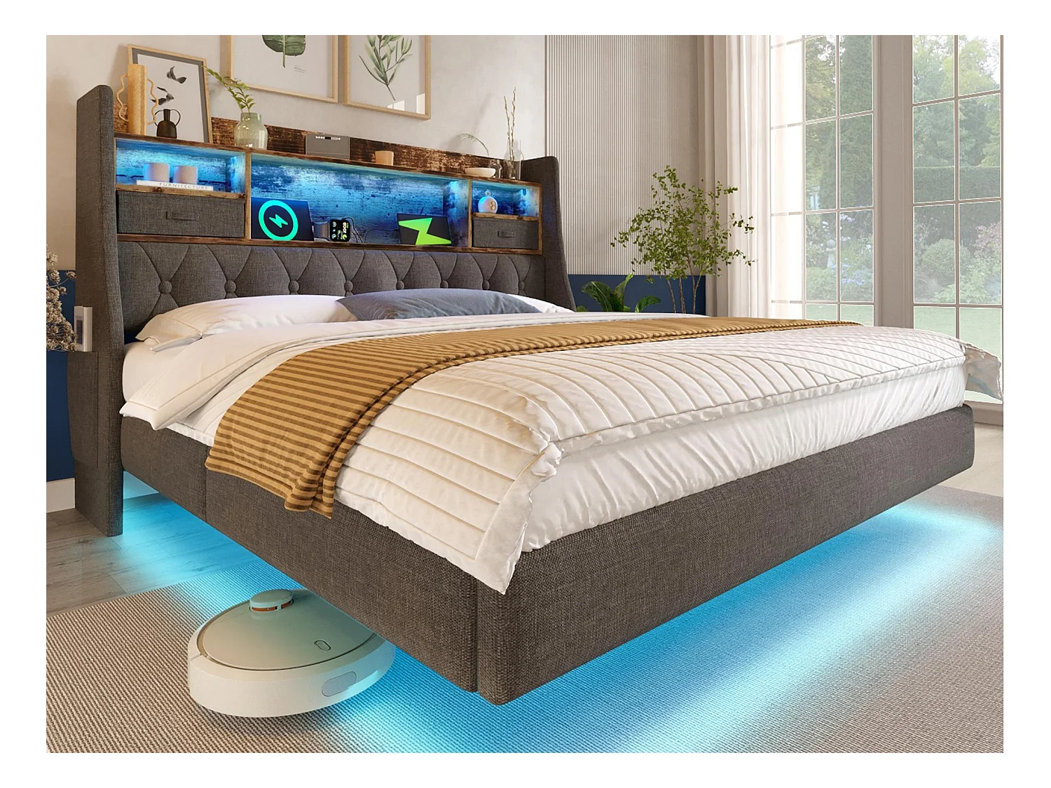 Gepolstertes Erwachsenenbett 140x200cm - mit LED-Beleuchtung - mit 1 Type-C-Anschluss und 3 USB-Anschlüssen - Kopfteil mit Staufach - Leinen - Grau