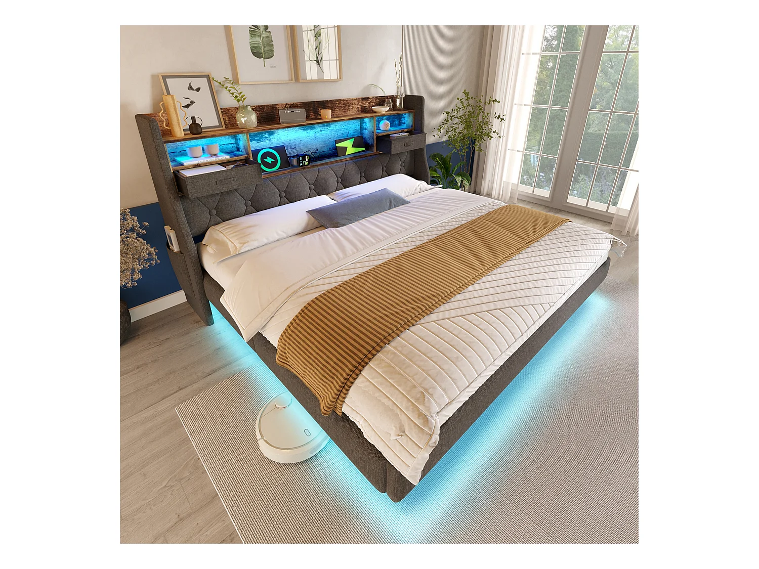 Gepolstertes Erwachsenenbett 140x200cm - mit LED-Beleuchtung - mit 1 Type-C-Anschluss und 3 USB-Anschlüssen - Kopfteil mit Staufach - Leinen - Grau