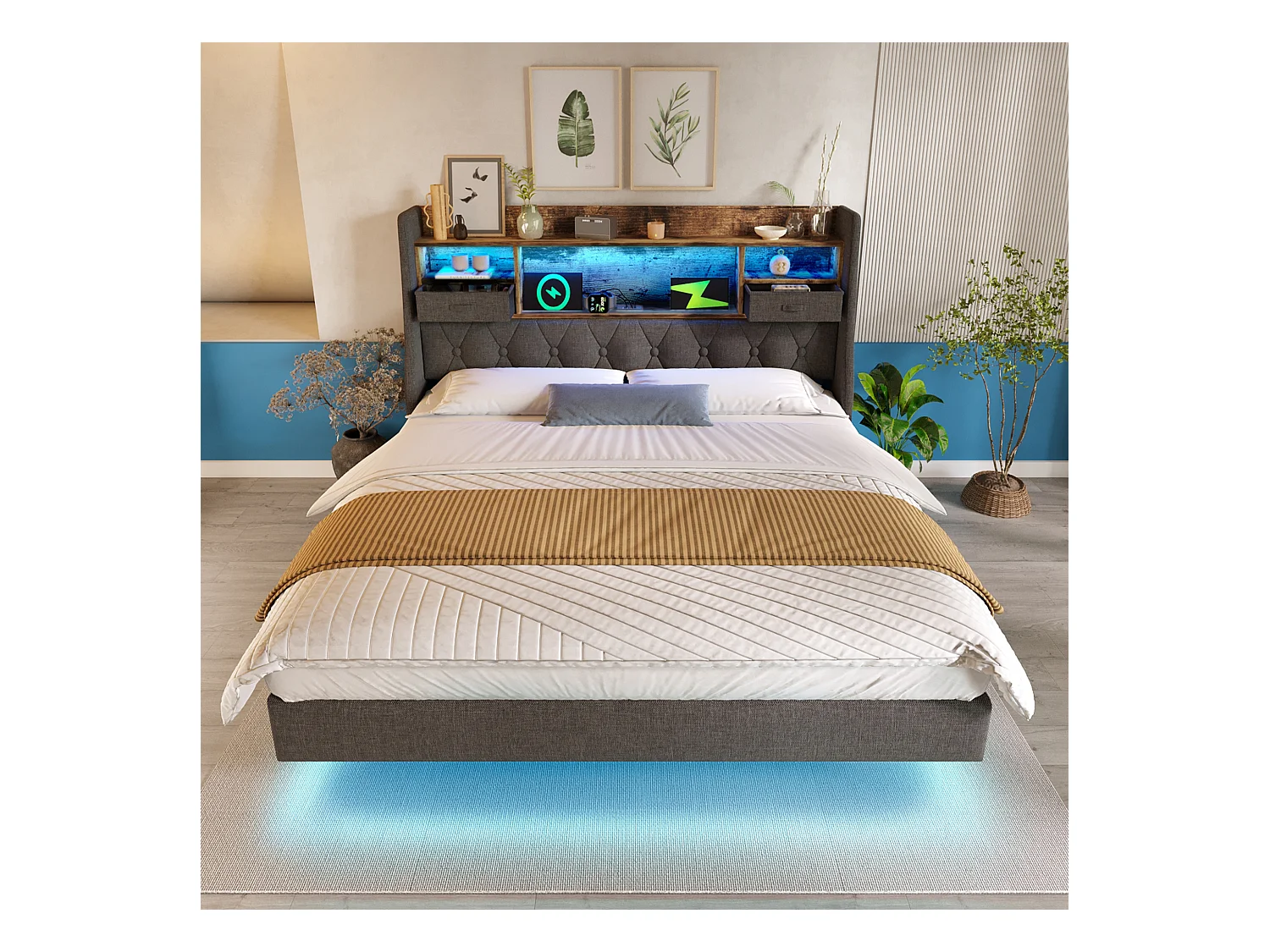 Gepolstertes Erwachsenenbett 90x200cm - mit LED-Beleuchtung - mit 1 Type-C-Anschluss und 3 USB-Anschlüssen - Kopfteil mit Staufach - Leinen - Grau