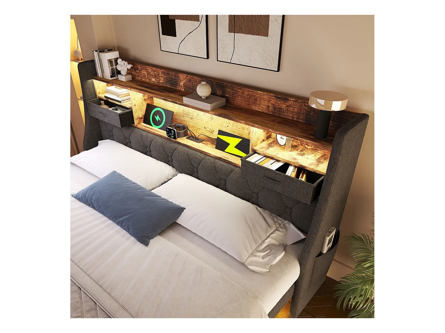 Gepolstertes Erwachsenenbett 90x200cm - mit LED-Beleuchtung - mit 1 Type-C-Anschluss und 3 USB-Anschlüssen - Kopfteil mit Staufach - Leinen - Grau