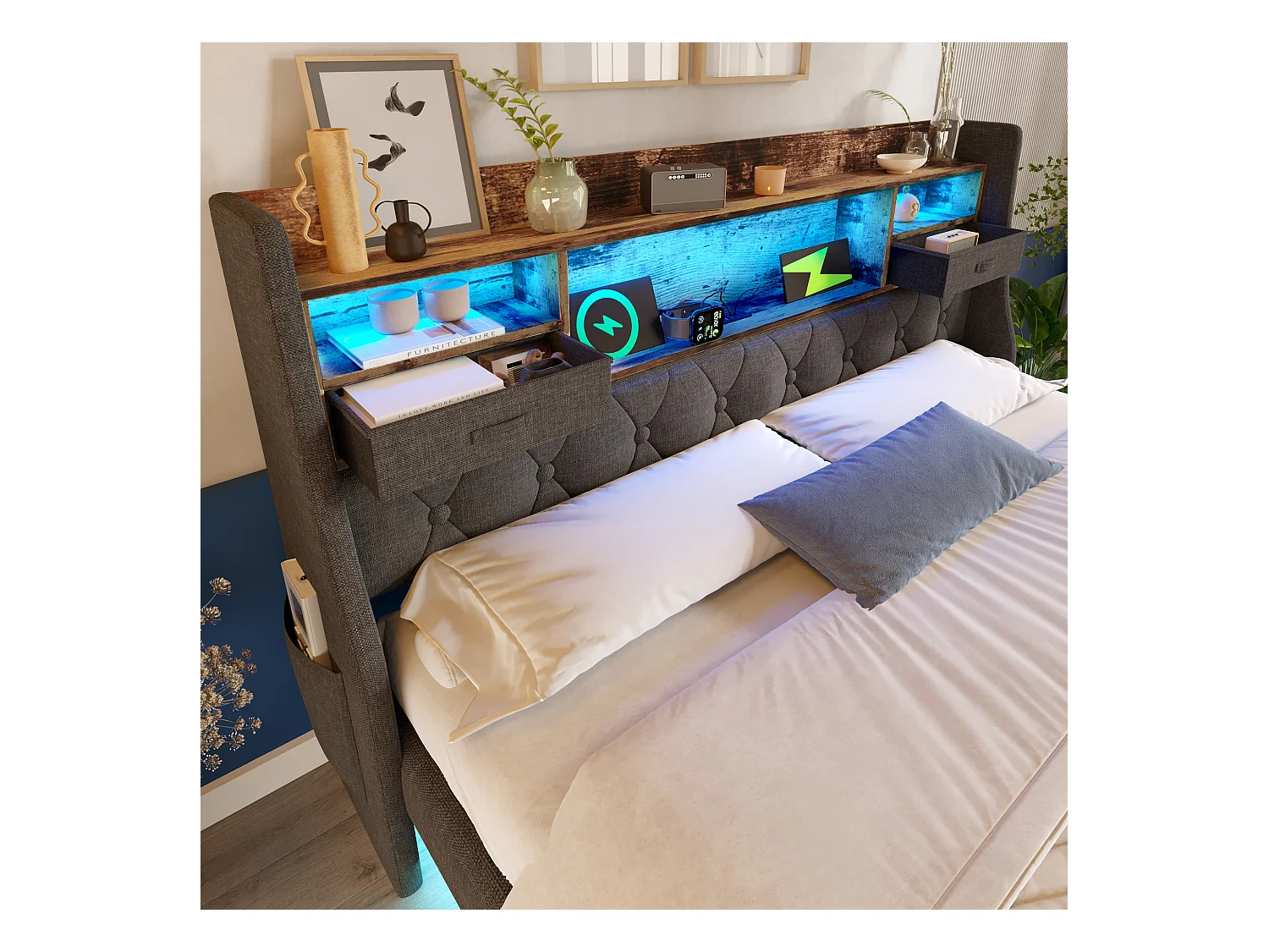 Gepolstertes Erwachsenenbett 90x200cm - mit LED-Beleuchtung - mit 1 Type-C-Anschluss und 3 USB-Anschlüssen - Kopfteil mit Staufach - Leinen - Grau