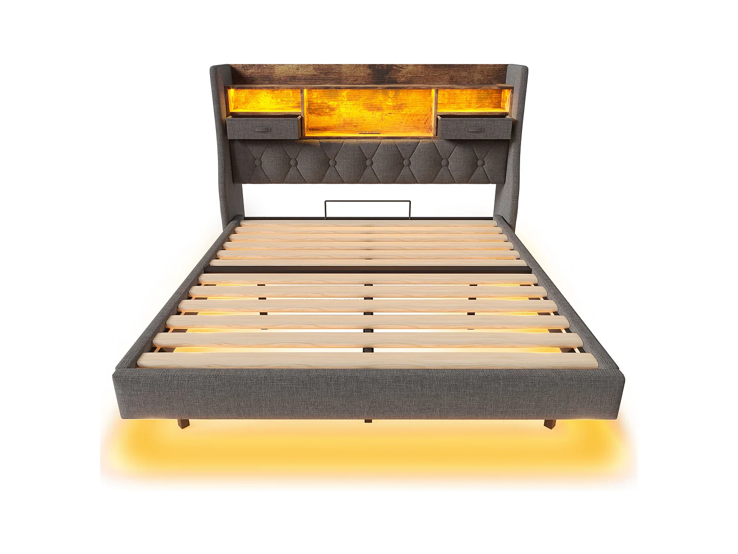 Gepolstertes Erwachsenenbett 90x200cm - mit LED-Beleuchtung - mit 1 Type-C-Anschluss und 3 USB-Anschlüssen - Kopfteil mit Staufach - Leinen - Grau