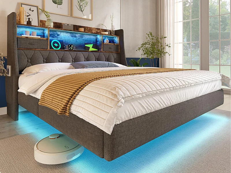 Łóżko dla dorosłych z tapicerka 90x200cm - z oświetleniem LED - z 1 portem Type-C i 3 portami USB - wezgłowie z przechowywaniem - len - Szary