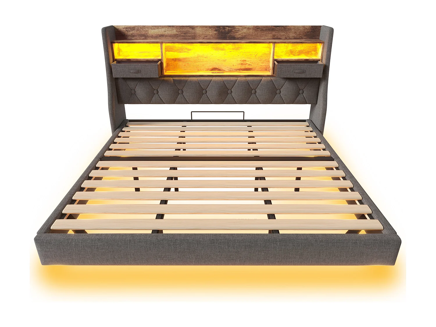 Gestoopt volwassen bed 90x200cm - met LED-verlichting - met 1 Type-C-poort en 3 USB-poorten - hoofdeinde met opbergruimte - linnen - Grijs