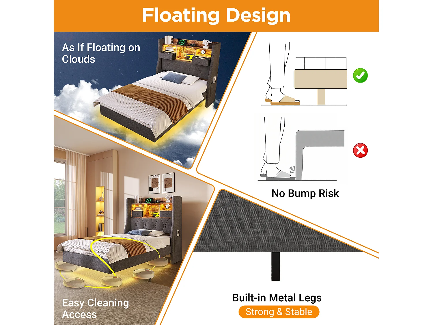 Lit adulte rembourré 180x200cm - avec éclairage LED - avec 1 port Type-C et 3 ports USB - tête de lit avec rangement - lin - Gris