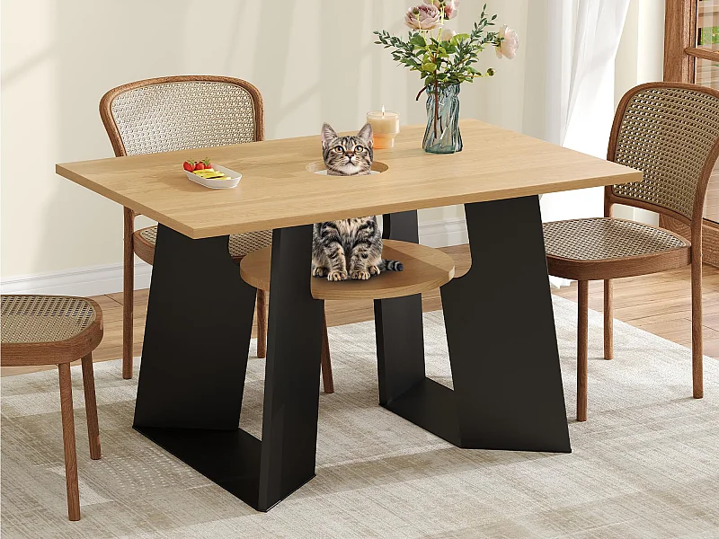 Table à manger 130×85×75 cm - avec trou pour chat - plateau de rangement - pour 6 personnes - noir et naturel