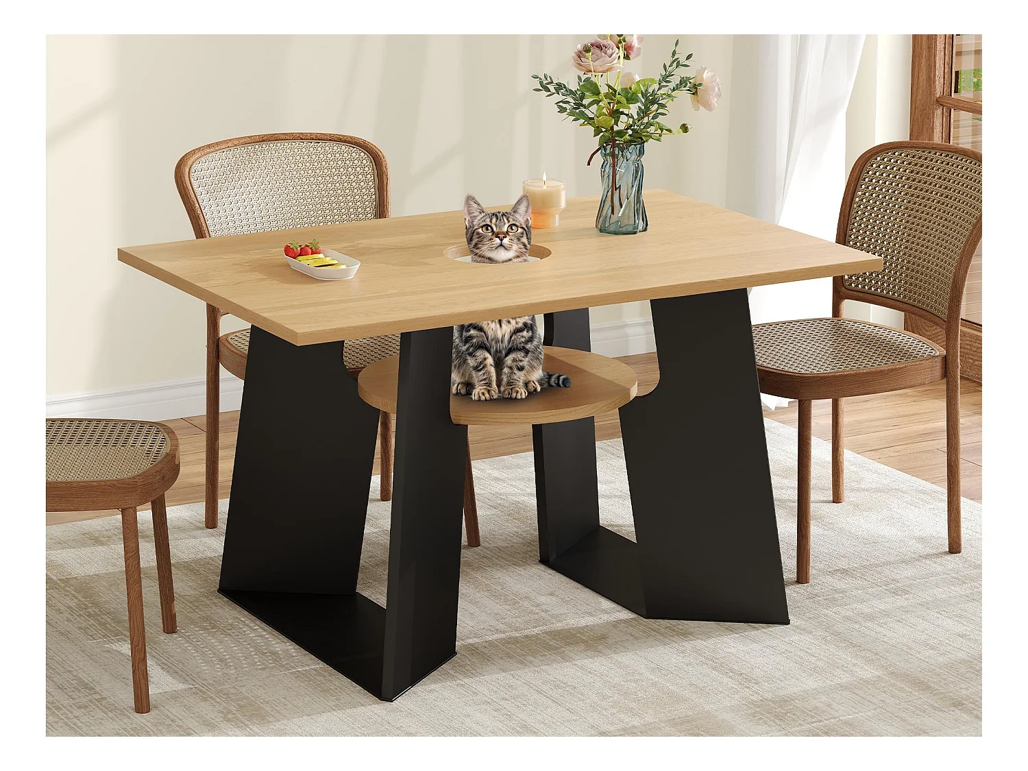 Table à manger 130×85×75 cm - avec trou pour chat - plateau de rangement - pour 6 personnes - noir et naturel
