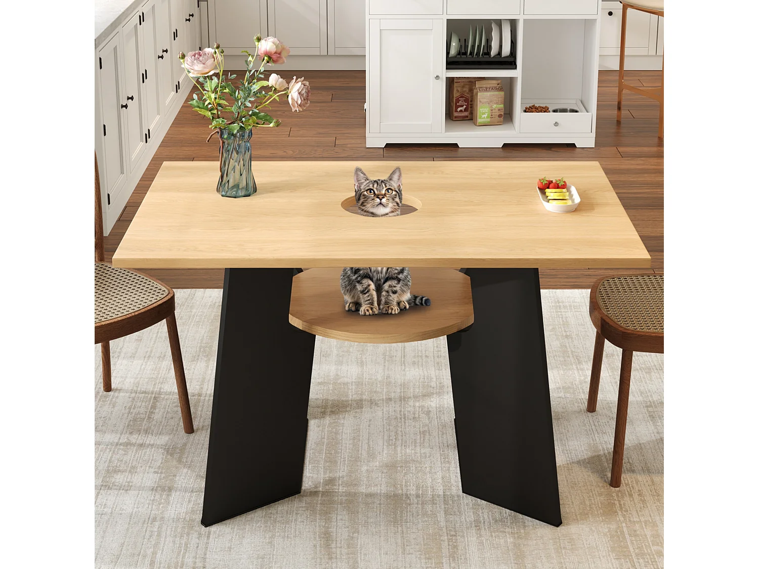 Esstisch 130×85×75 cm - mit Katzenloch - Ablagebrett - für 6 Personen - schwarz und natur