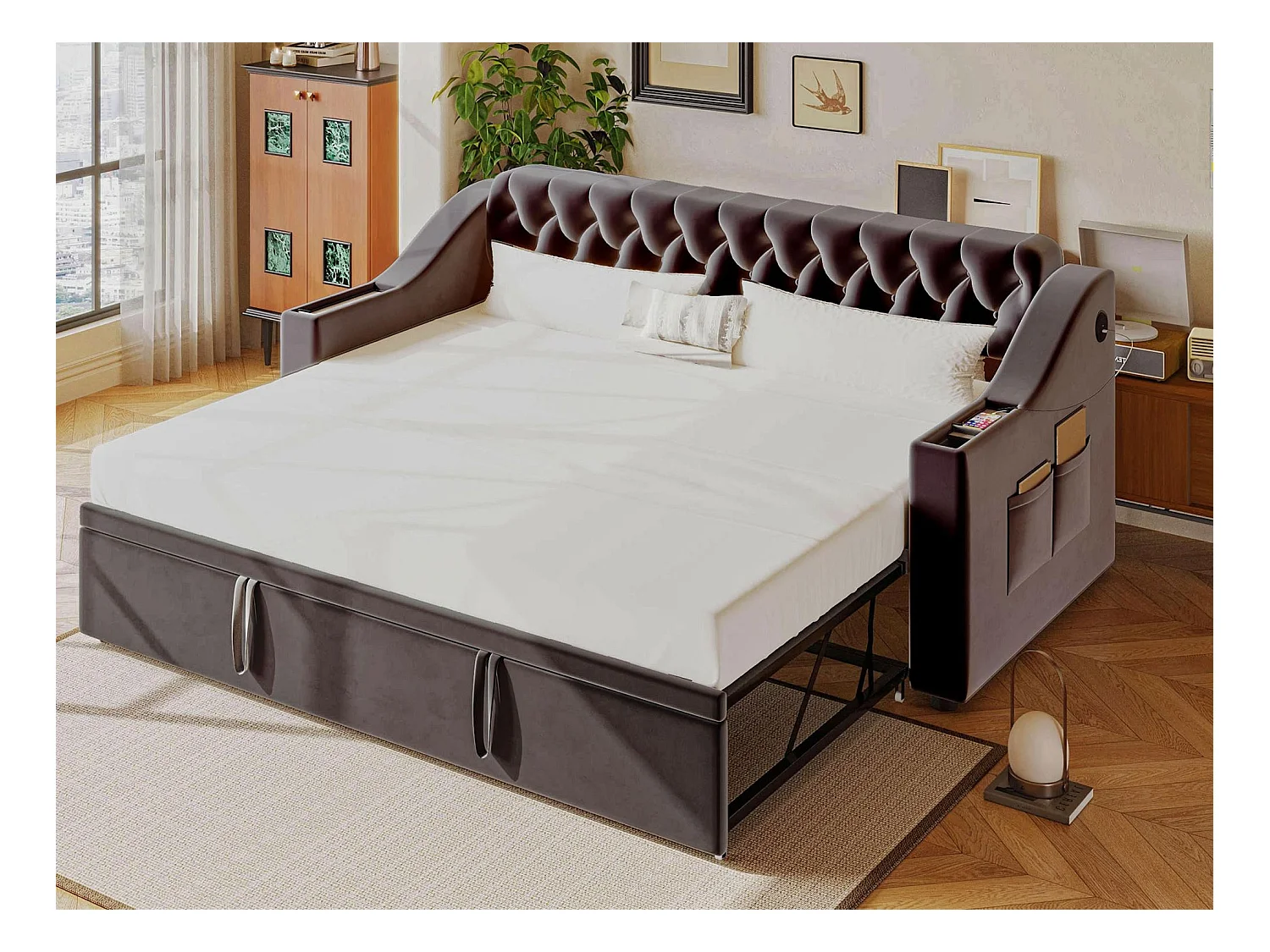 Canapé-lit rembourré 90x190 cm - avec port USB - avec sac de rangement - tissu velours - gris foncé
