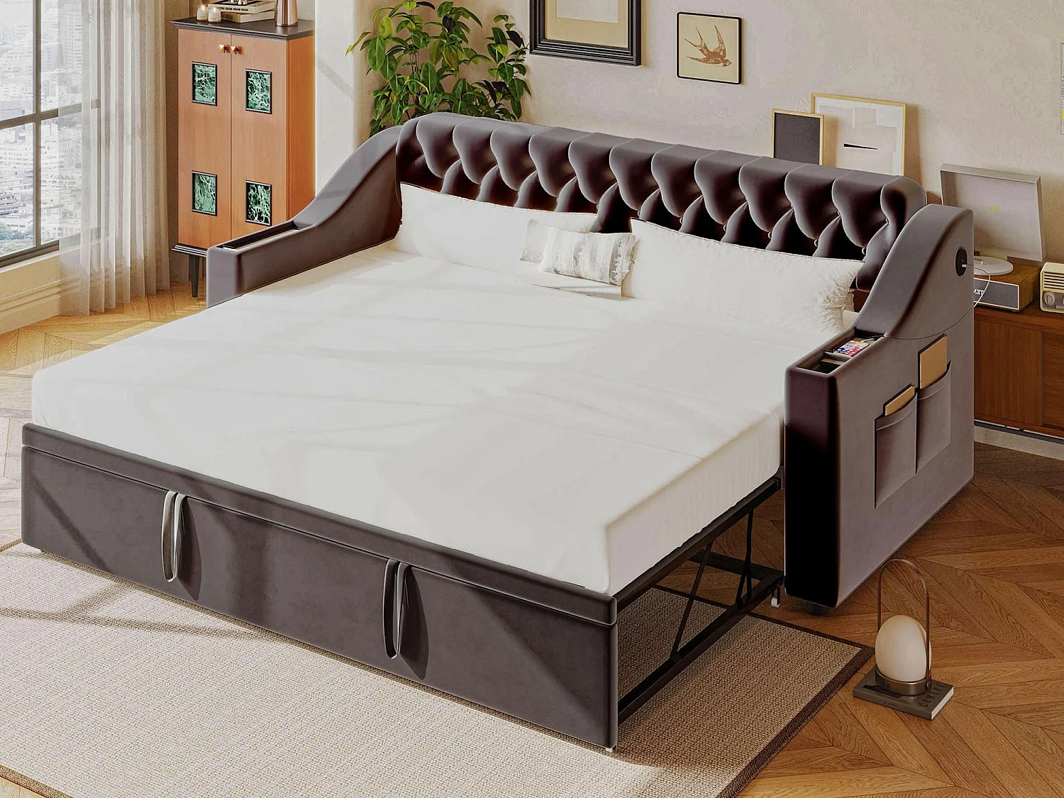 Gepolstertes Schlafsofa 90x190 cm - mit USB-Anschluss - mit Aufbewahrungssack - Veloursstoff - dunkelgrau