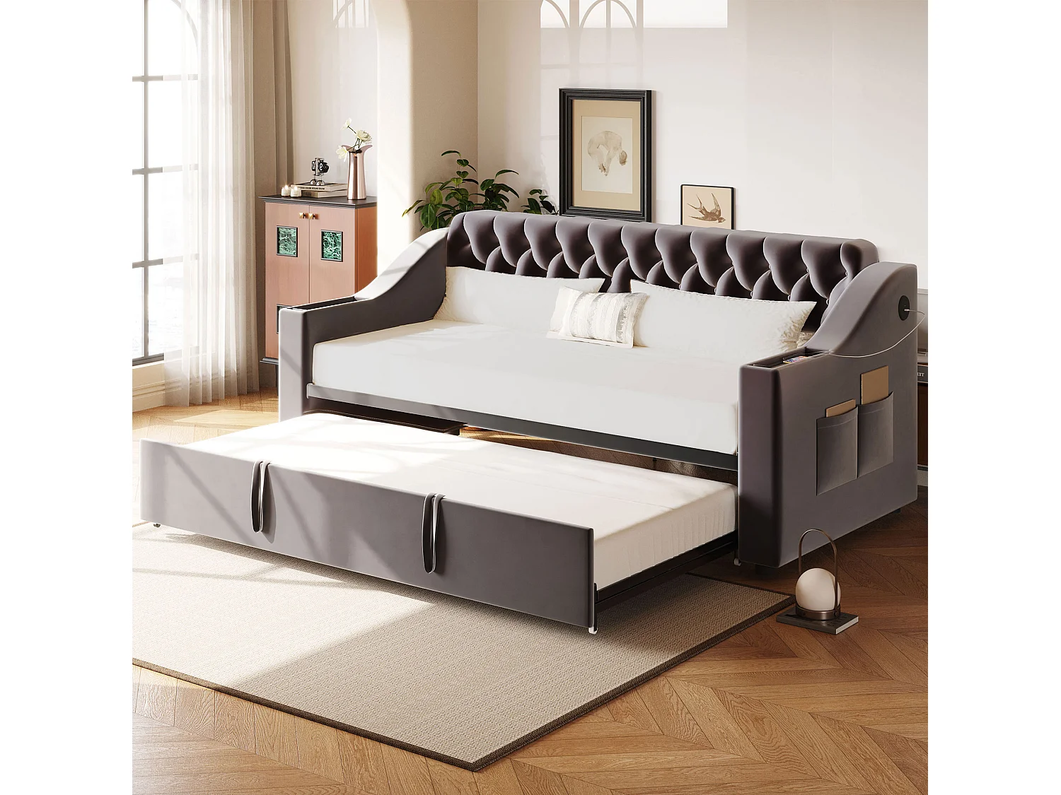 Gepolstertes Schlafsofa 90x190 cm - mit USB-Anschluss - mit Aufbewahrungssack - Veloursstoff - dunkelgrau