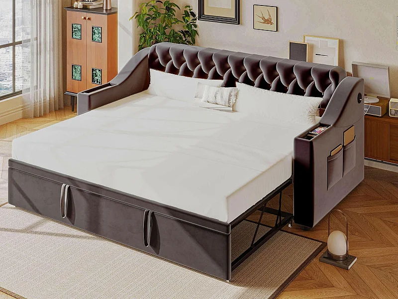 Gepolstertes Schlafsofa 90x190 cm - mit USB-Anschluss - mit Aufbewahrungssack - Veloursstoff - dunkelgrau