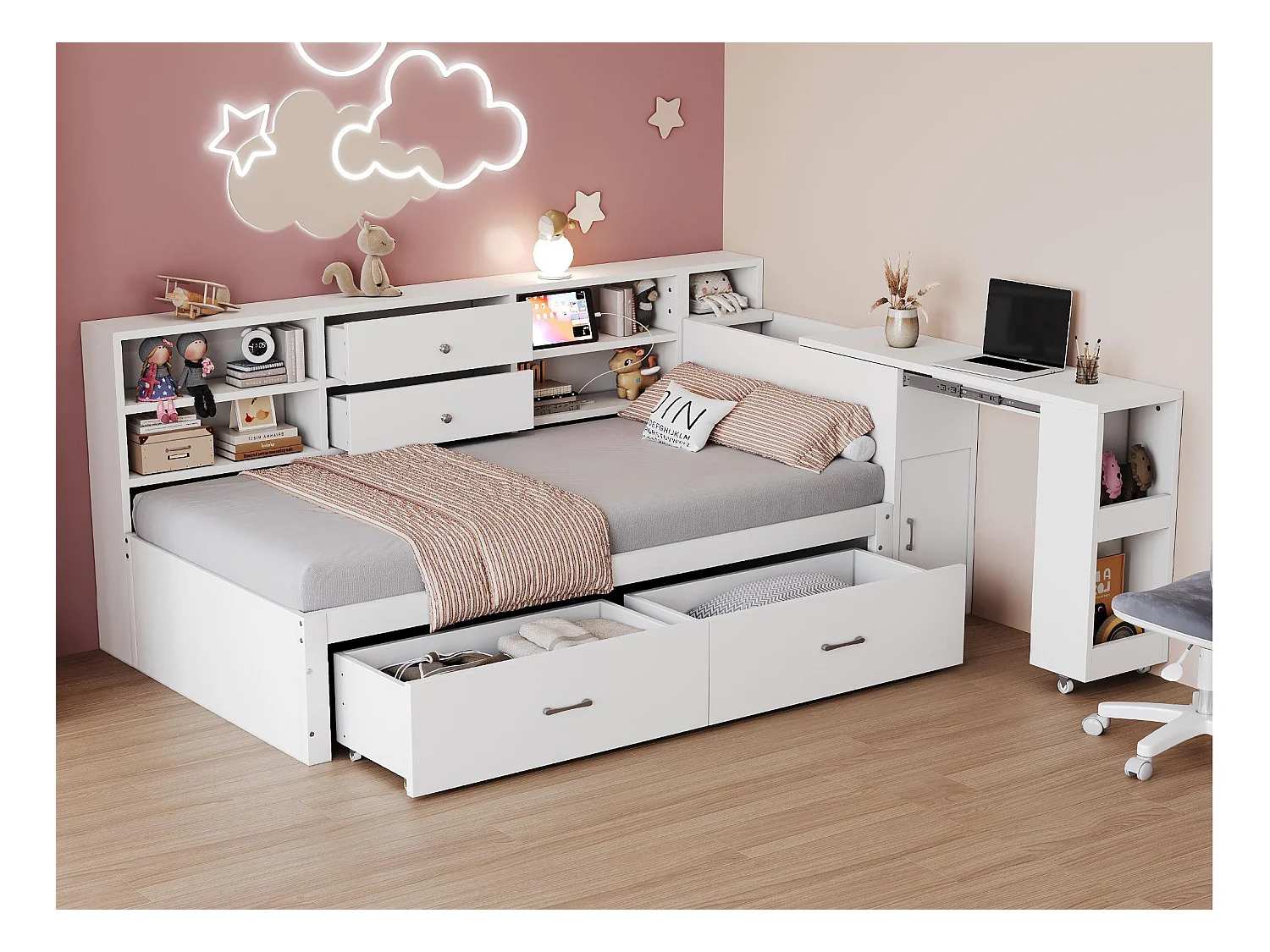 Canapé-lit en bois 90x200cm - rangement caché + étagère - avec 4 tiroirs - prise multifonction - bureau coulissant - blanc
