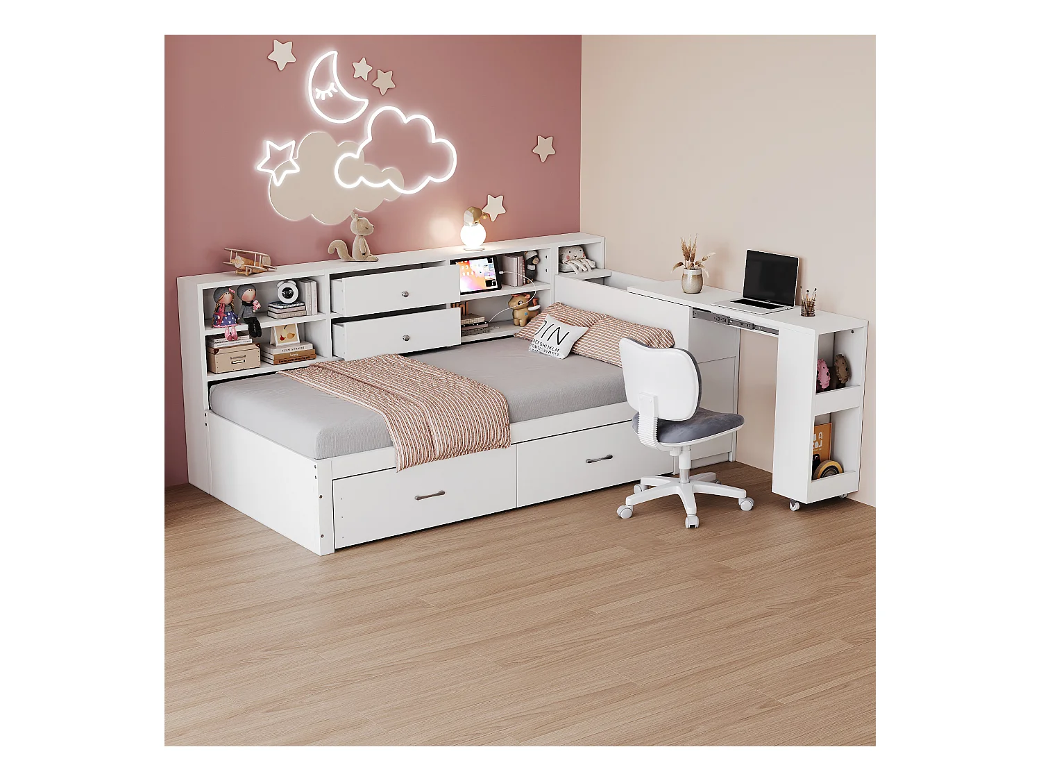 Canapé-lit en bois 90x200cm - rangement caché + étagère - avec 4 tiroirs - prise multifonction - bureau coulissant - blanc