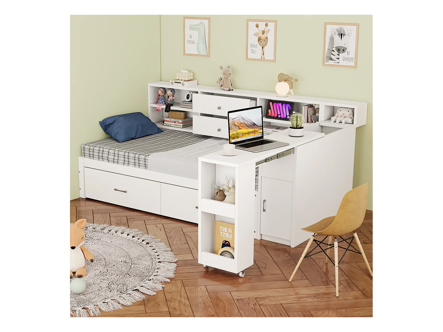 Canapé-lit en bois 90x200cm - rangement caché + étagère - avec 4 tiroirs - prise multifonction - bureau coulissant - blanc