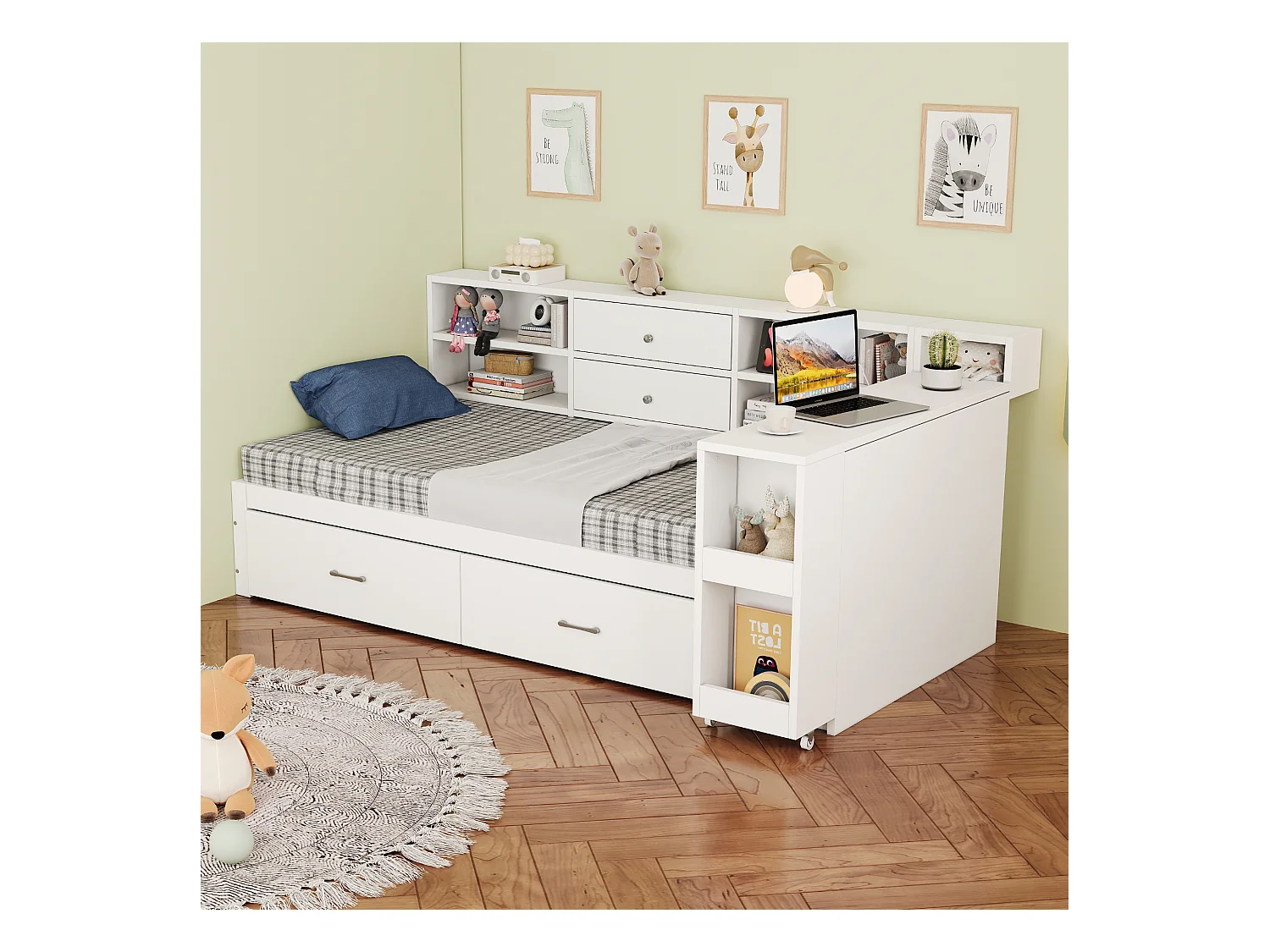 Canapé-lit en bois 90x200cm - rangement caché + étagère - avec 4 tiroirs - prise multifonction - bureau coulissant - blanc