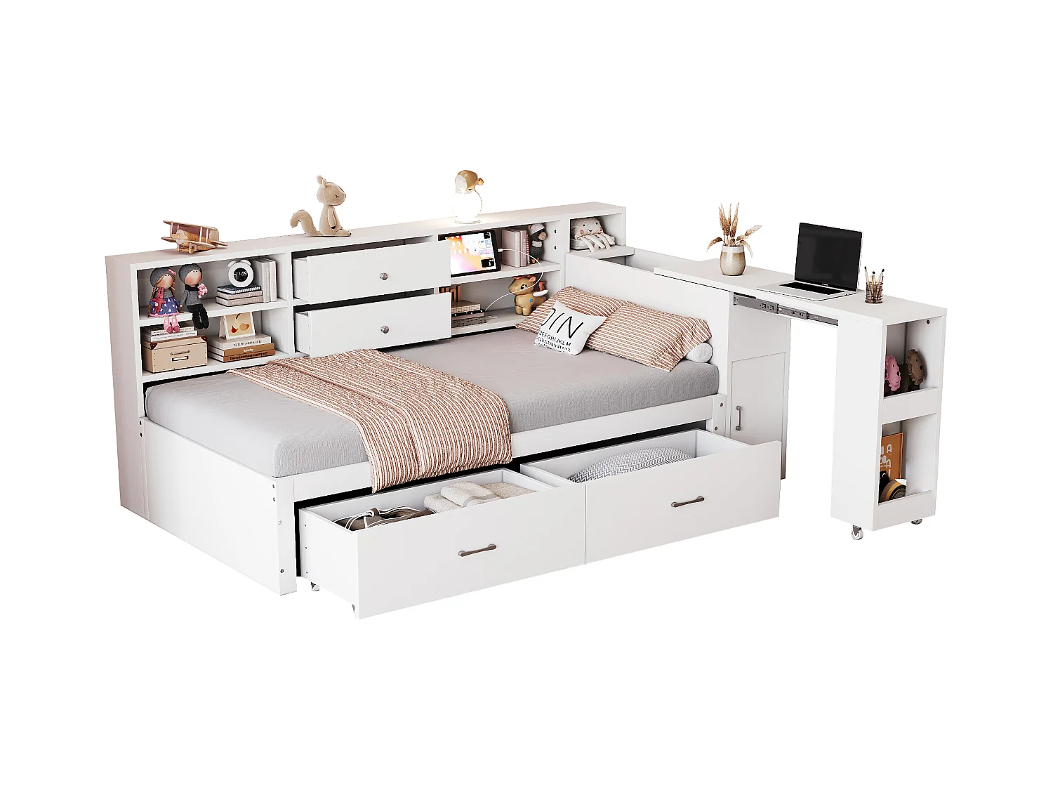 Canapé-lit en bois 90x200cm - rangement caché + étagère - avec 4 tiroirs - prise multifonction - bureau coulissant - blanc