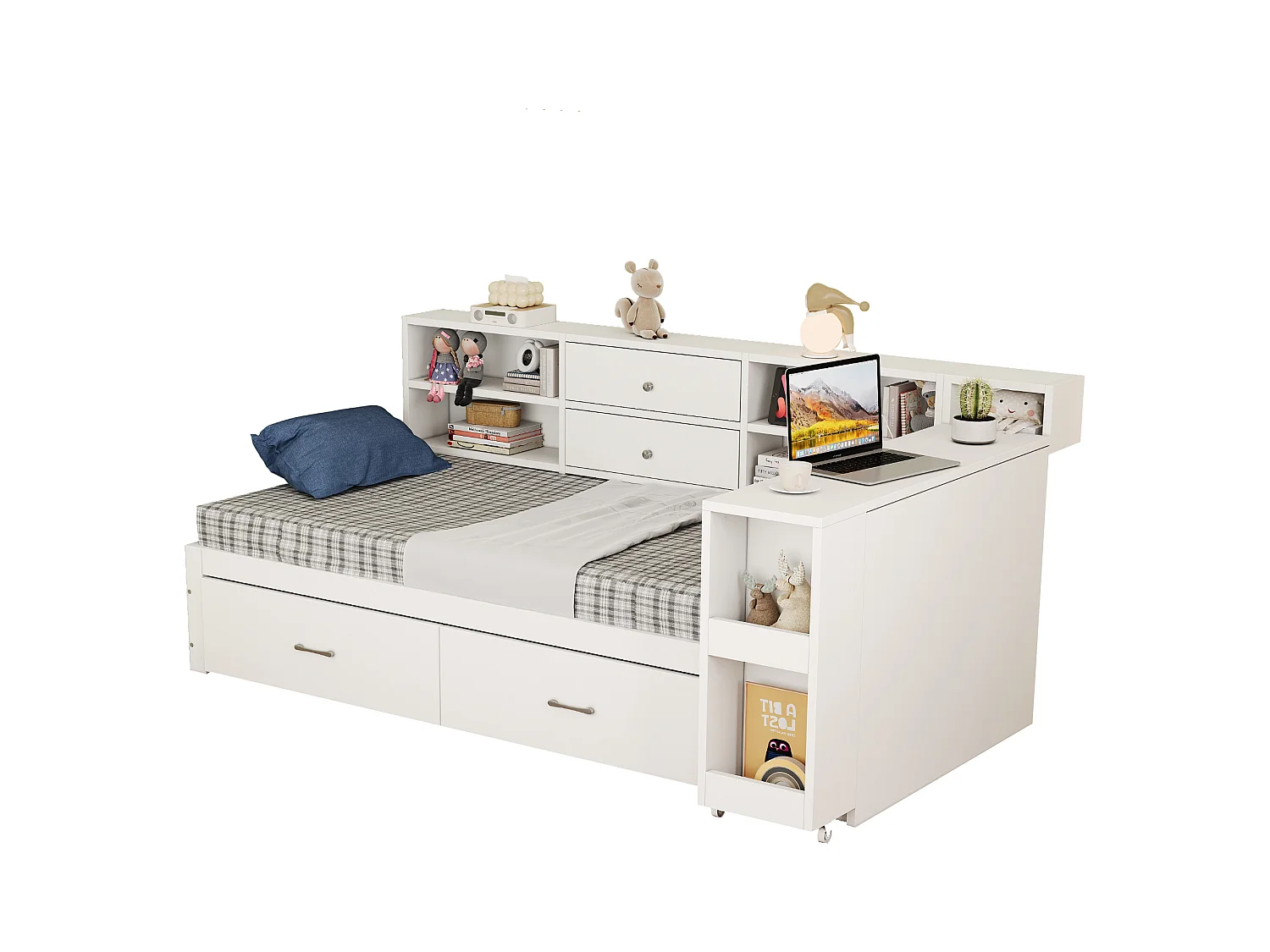 Canapé-lit en bois 90x200cm - rangement caché + étagère - avec 4 tiroirs - prise multifonction - bureau coulissant - blanc